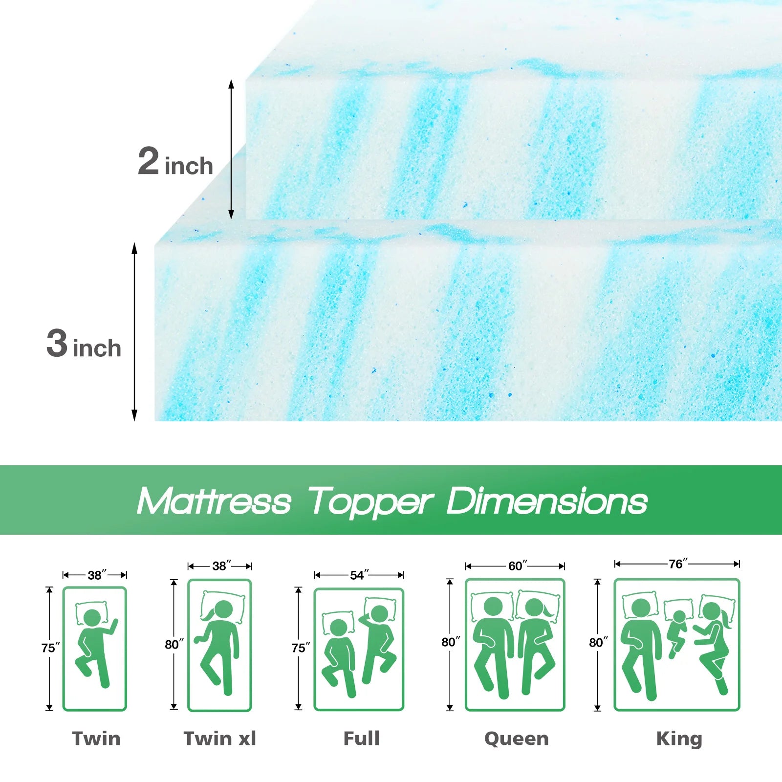 JHK Gel Memory Foam Mattress Topper – Full Size, 2–3 Inch
